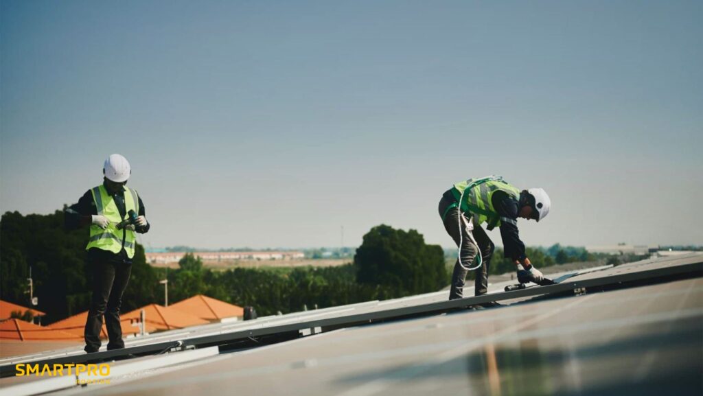 Two men installing a solar panel on a rooftop