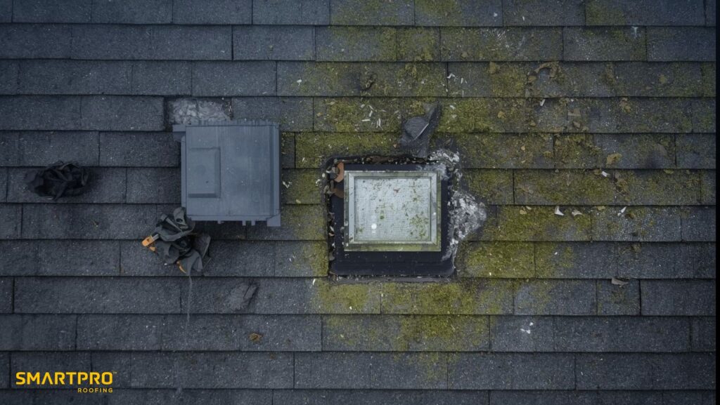 A roof featuring one intact window and one broken window