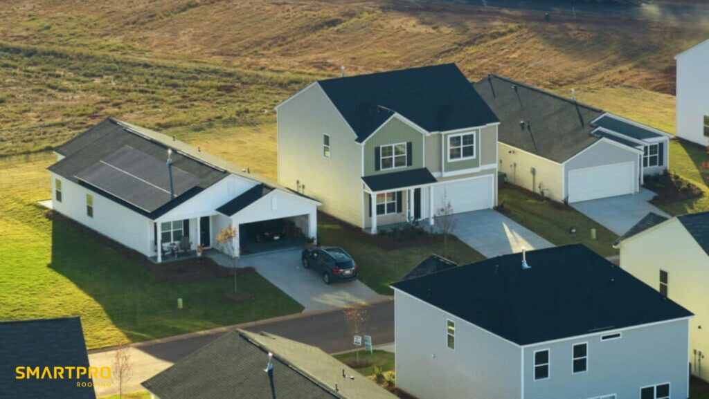 How Long Does It Take to Replace a Roof? A Complete Guide 12 Several homes equipped with solar panels on their roofs