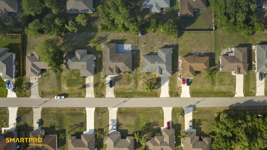 Aerial view of a residential neighborhood showcasing houses