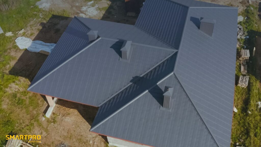 Top-down perspective of a house with a distinct roof