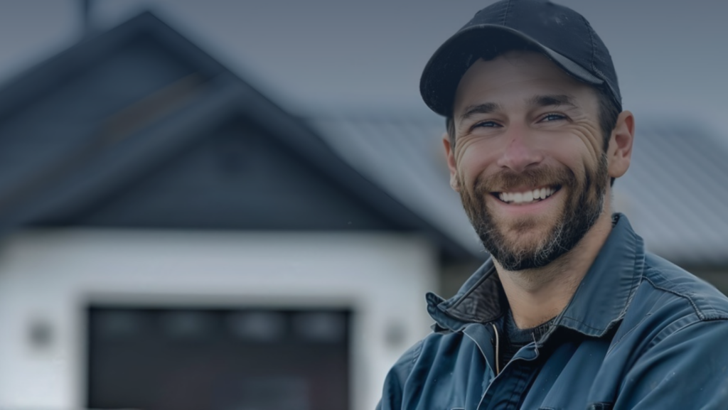 A smiling man stands in front of a house, exuding warmth and friendliness in a welcoming environment.
