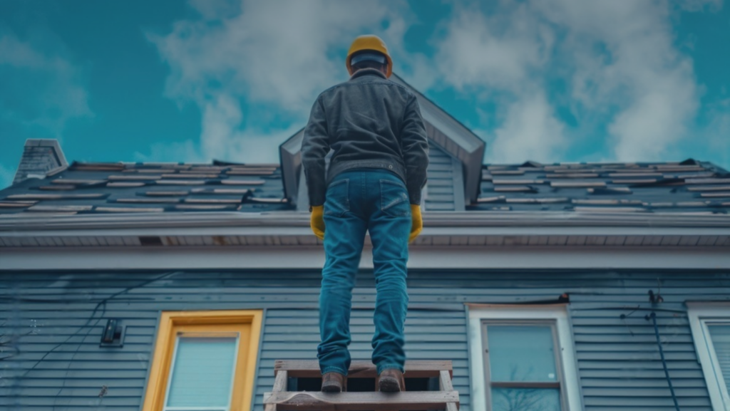 Roof Replacement: Should You DIY or Hire a Professional? 10 A man stands confidently on the steps of a house, showcasing a welcoming and serene atmosphere.