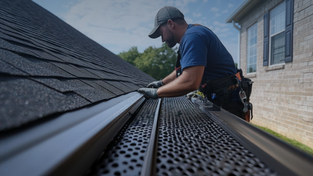 A man is positioned on a roof, diligently installing a gutter to manage rainwater flow and protect the building's structure.