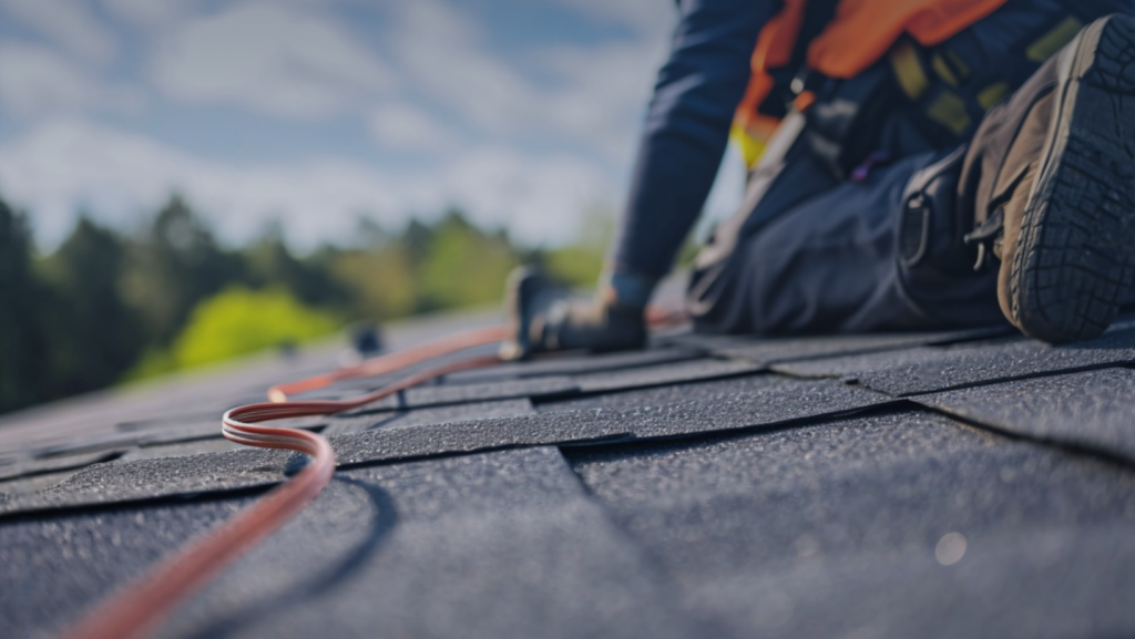 A man is safely working on a roof, using a cord for support and stability during his task