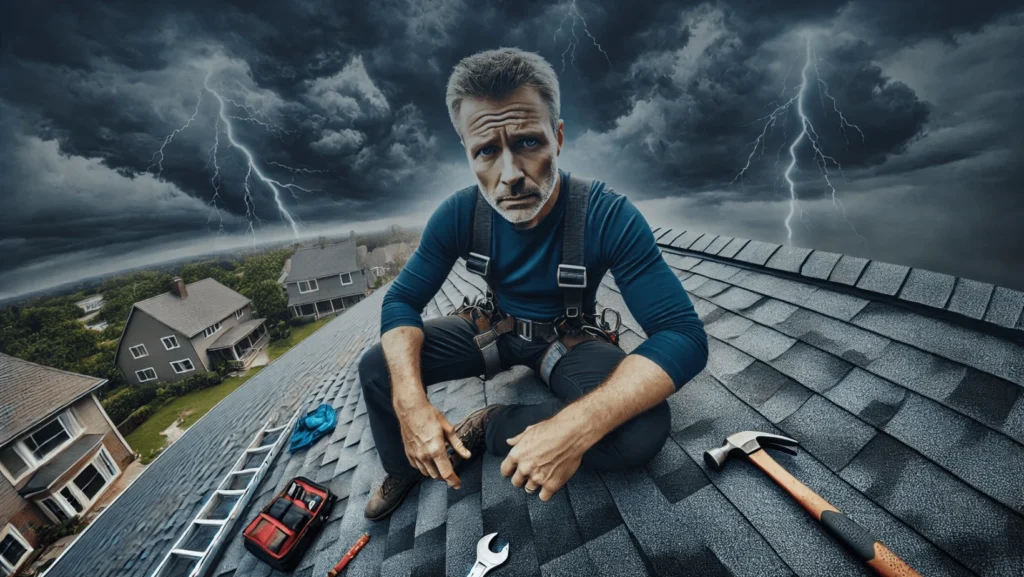 A man sits on a house roof, gazing at a dramatic lightning bolt illuminating the stormy sky behind him