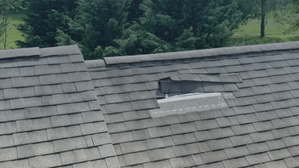 A damaged roof featuring a significant hole and a shattered window, indicating neglect and potential weather exposure.