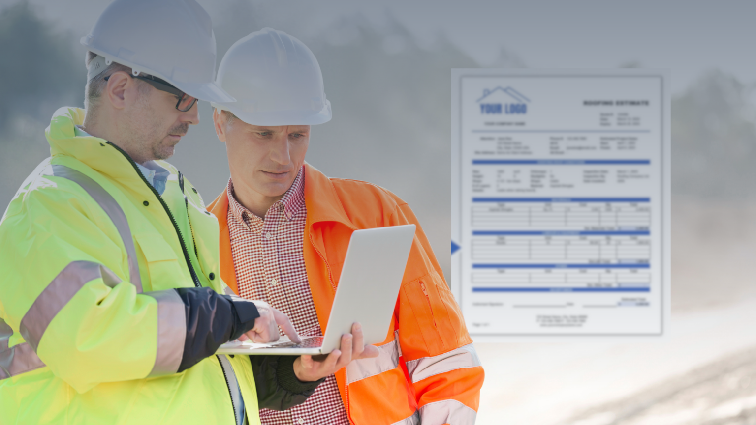 Two construction workers in hard hats and safety vests collaborate over a laptop on a construction site.