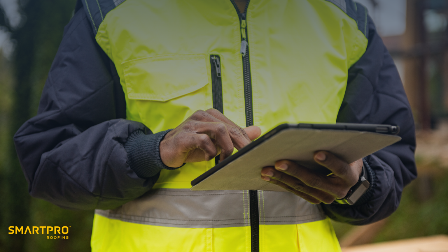 Close-up of a worker in a high-visibility jacket using a tablet outdoors, with SmartPRO Roofing logo in the corner.