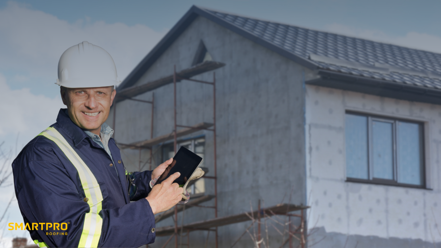 Construction worker in a hard hat holding a tablet in front of a house under renovation, with SmartPRO Roofing logo in the corner.