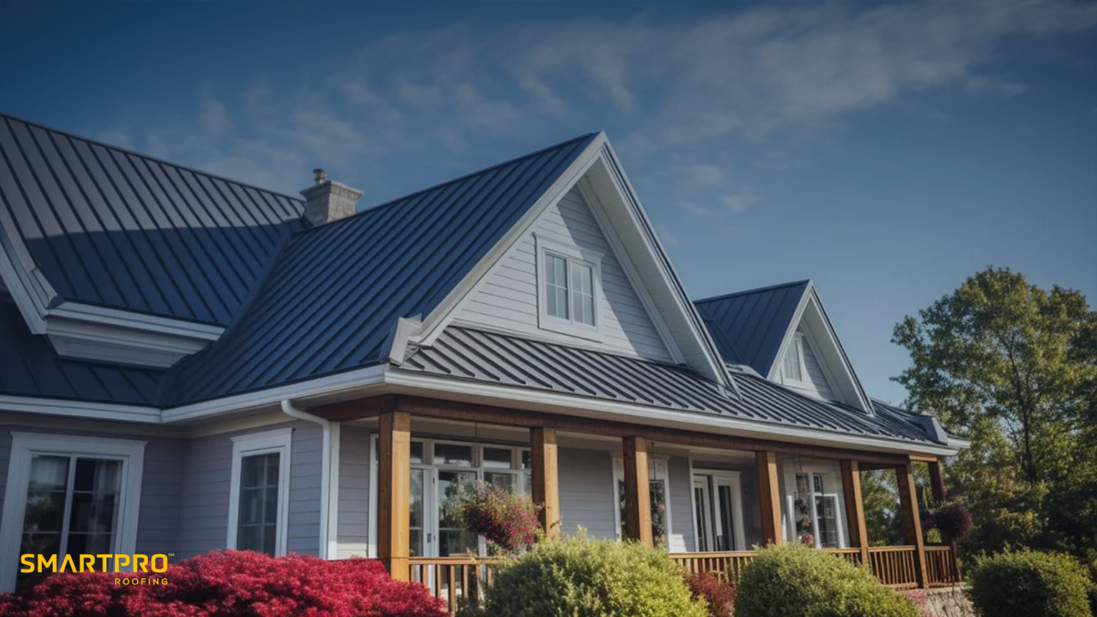 Beautiful home with a sleek black metal roof, surrounded by lush landscaping and a vibrant garden under a clear blue sky. SmartPRO Roofing logo displayed at the bottom.