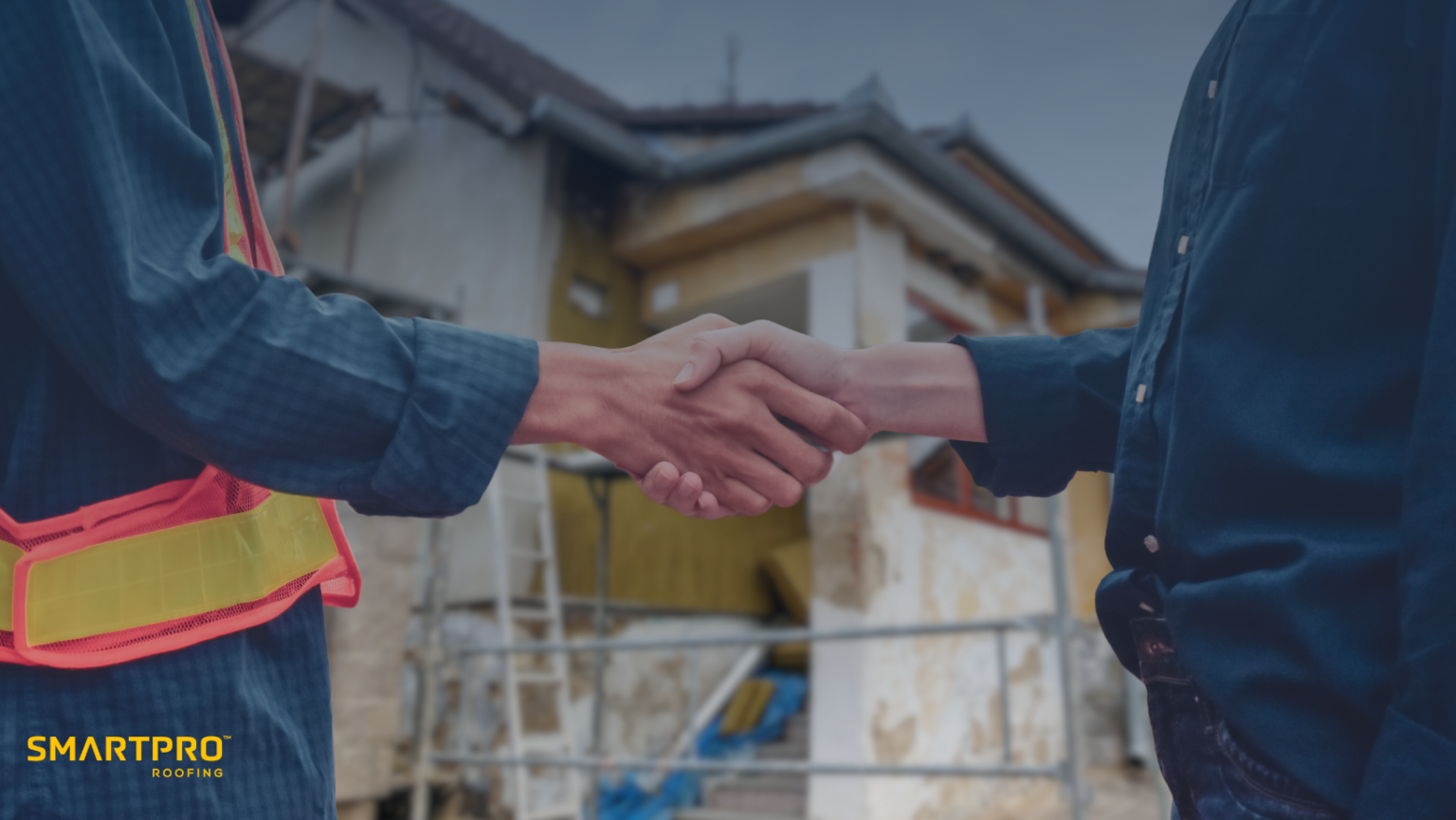 Close-up of a handshake between a contractor in a safety vest and a client in front of a house under renovation. SmartPRO Roofing logo displayed at the bottom.