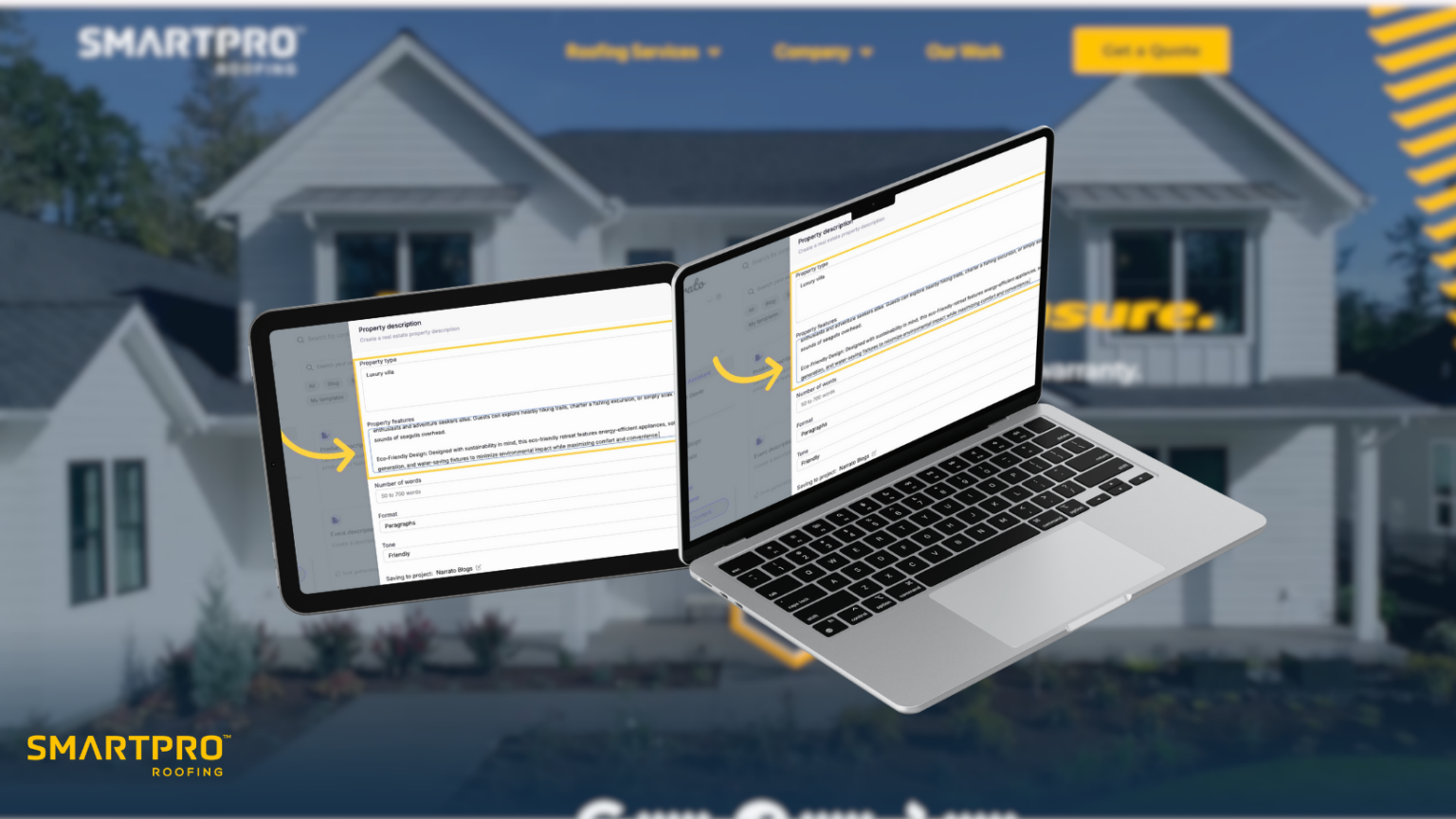 SmartQuote interface displayed on tablet and laptop screens, showing property description features, branded with SmartPRO Roofing.