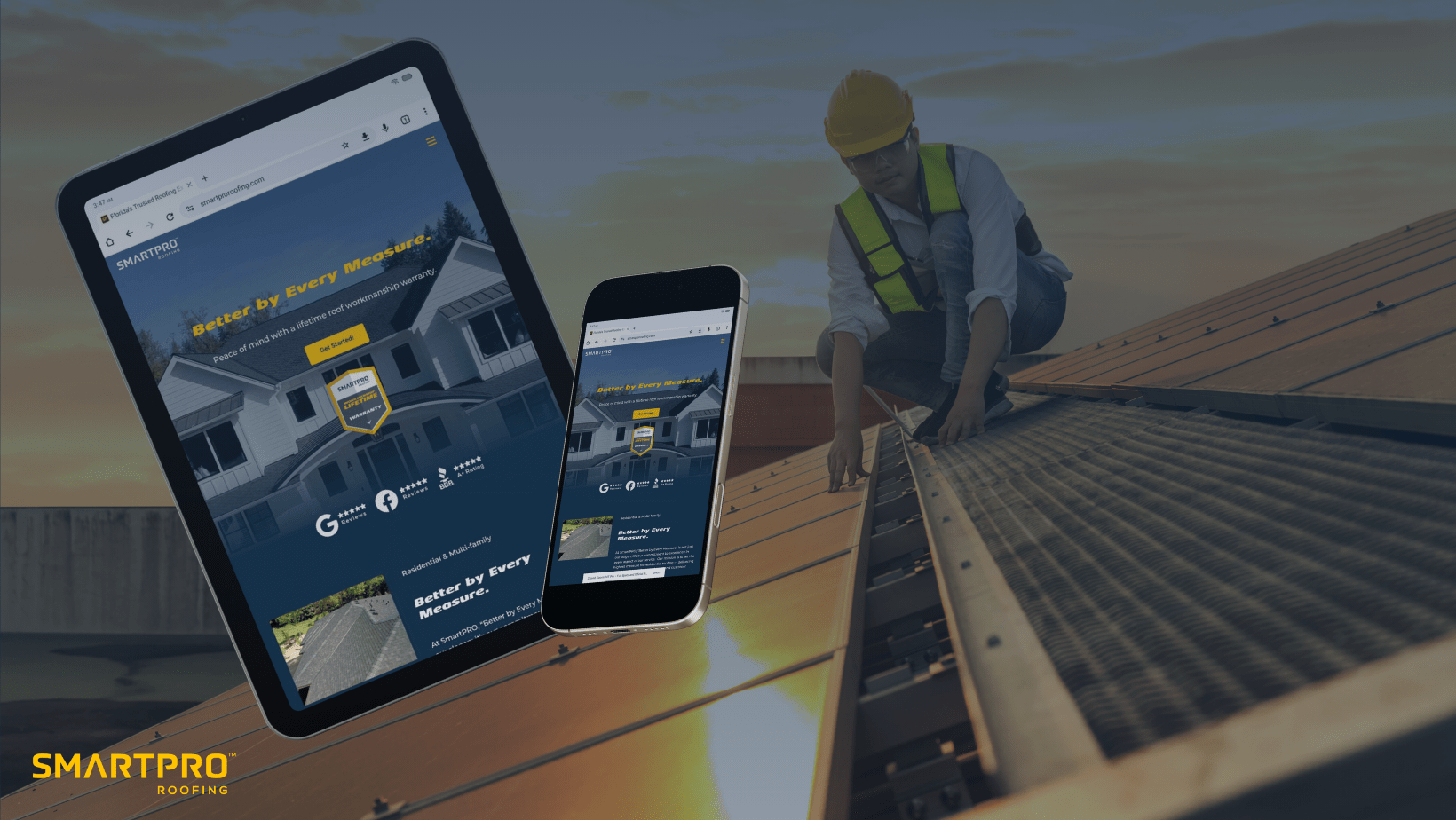 Debunking Myths About Buying a Roof Online 11 SmartPro Solar Roofing website design featuring an elegant layout, vibrant images of solar panels, and user-friendly interface.