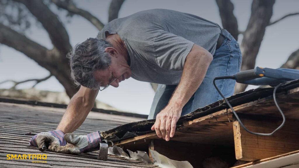 Homeowners Guide on Building Code Violations in Roof Installations 12 A man using a tool while working on a roof, focused on his task under clear blue skies.
