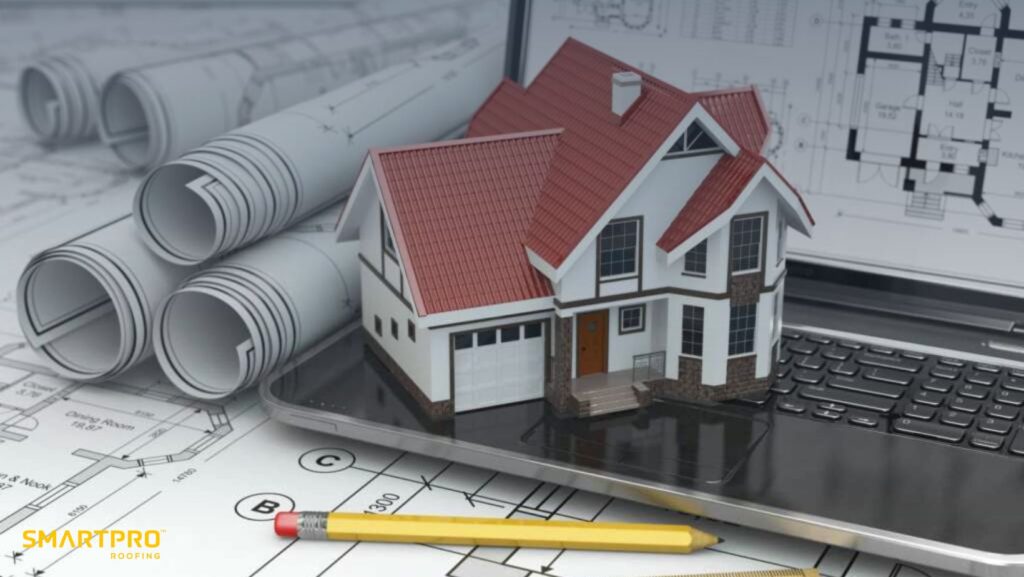 A laptop showing architectural drawings and construction plans
