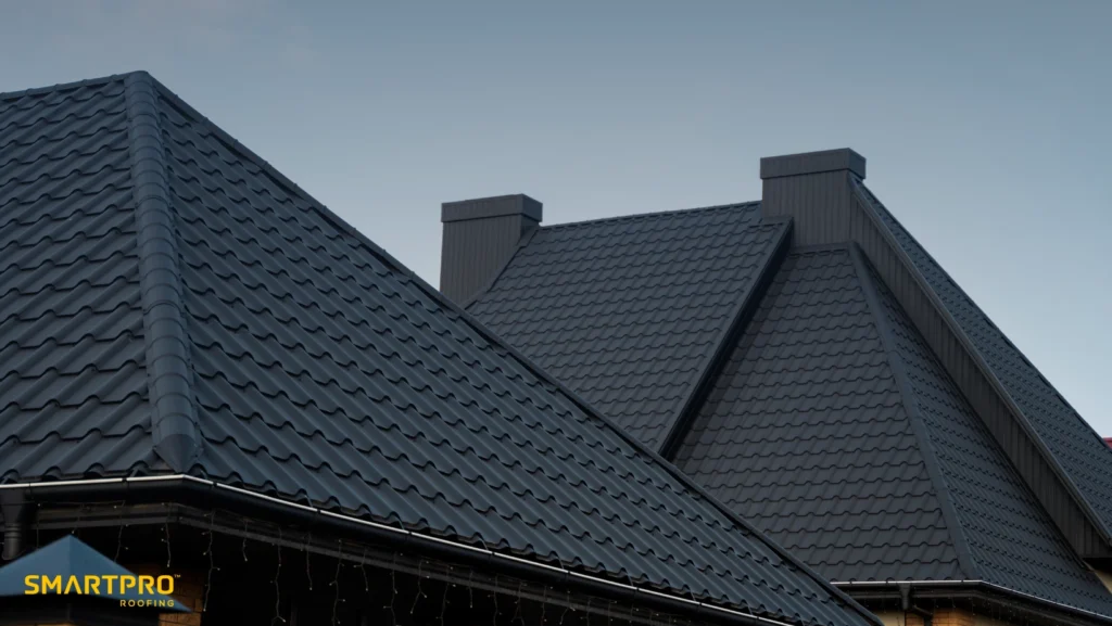A house roof featuring sleek black metal roofing
