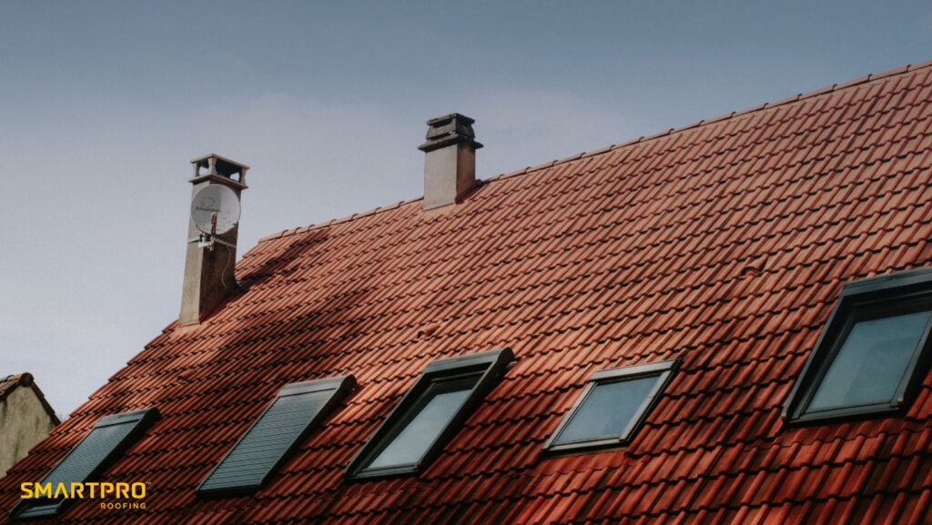 Clay vs Concrete Roof Tiles: Which is Better for Your Home? 12 A red tiled roof with windows and chimneys