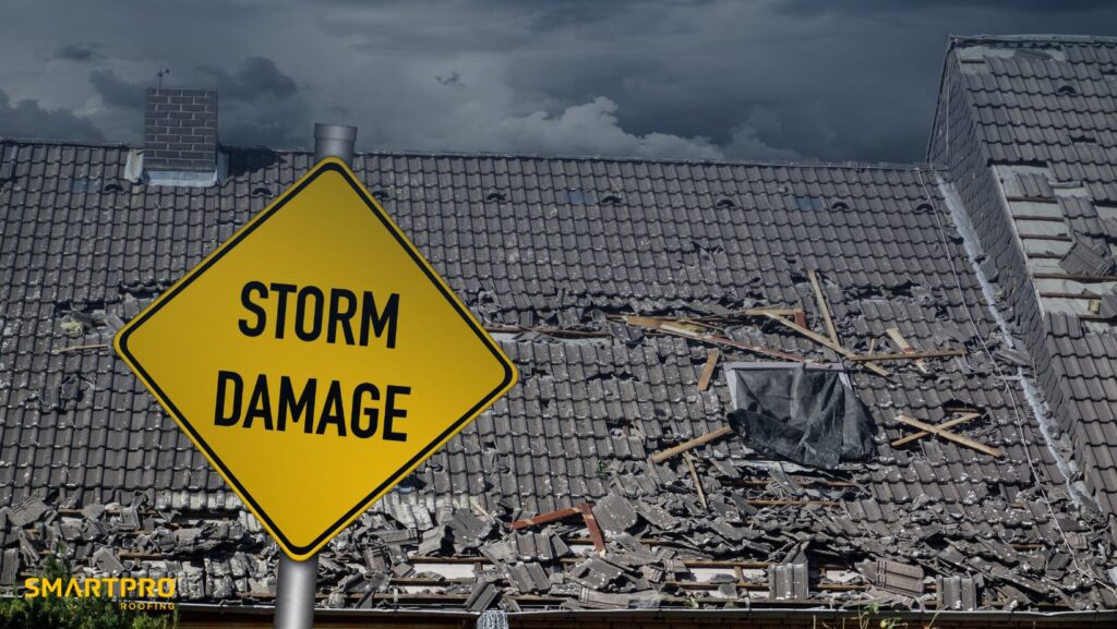 A sign indicating storm damage affixed to a roof