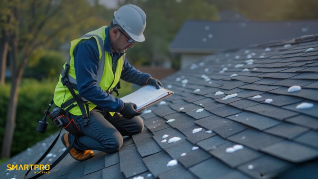 A man on a rooftop examines a clipboard