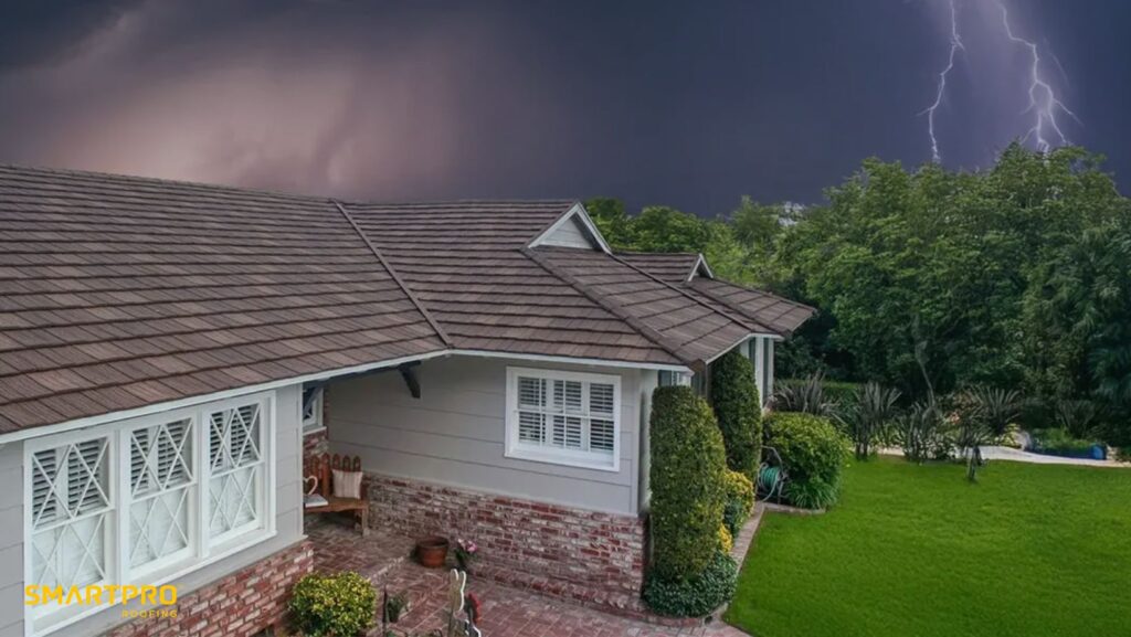 A house is struck by a lightning bolt descending from a dark sky