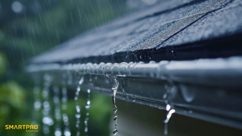  A close-up of a gutter with rainwater cascading into it