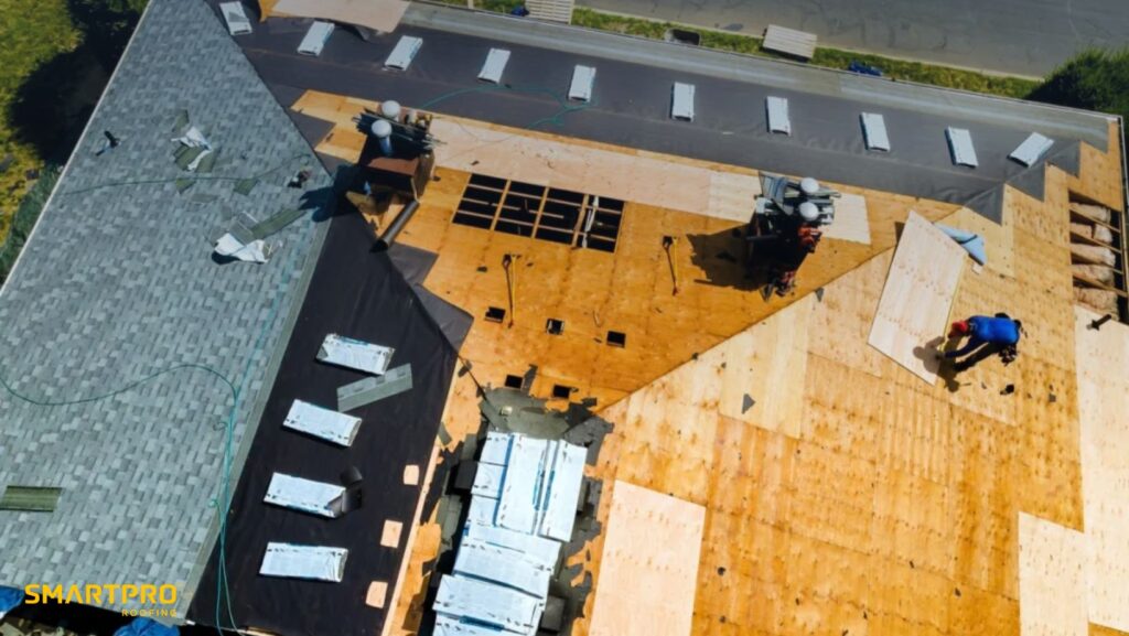 Aerial perspective of a roof installation in progress