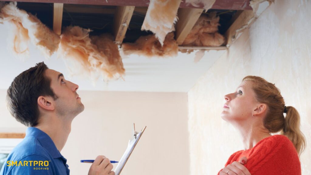 A man and woman examine a damaged ceiling