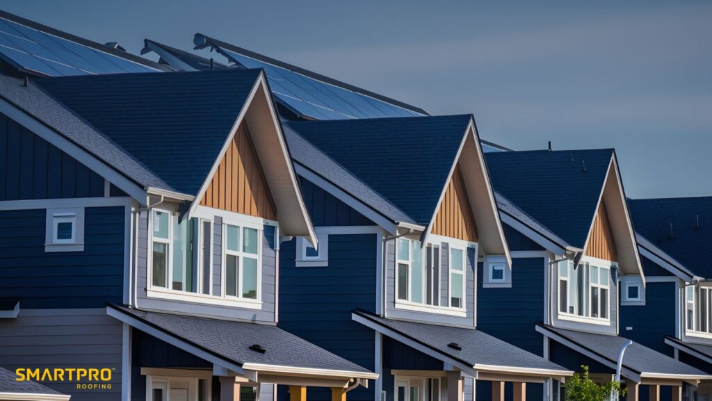 Do Flat Roofs Perform Better Than a Gable Roof? 8 A row of houses featuring solar panels on their roofs