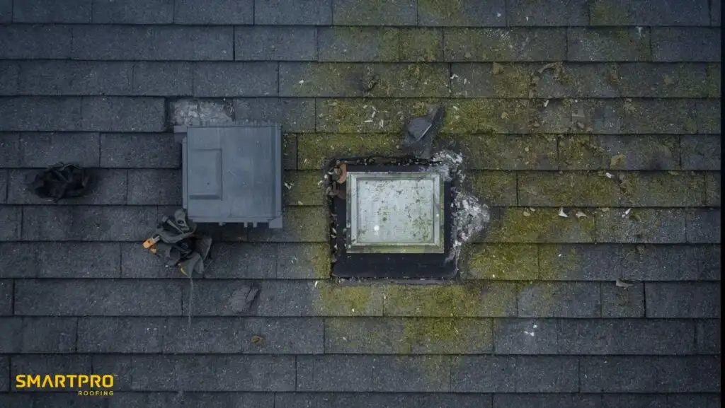 A roof featuring one intact window and one broken window