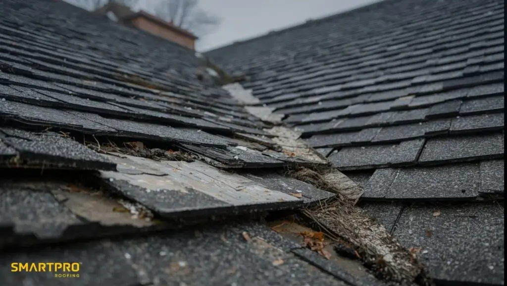 A roof showing a broken shingle and visible damage