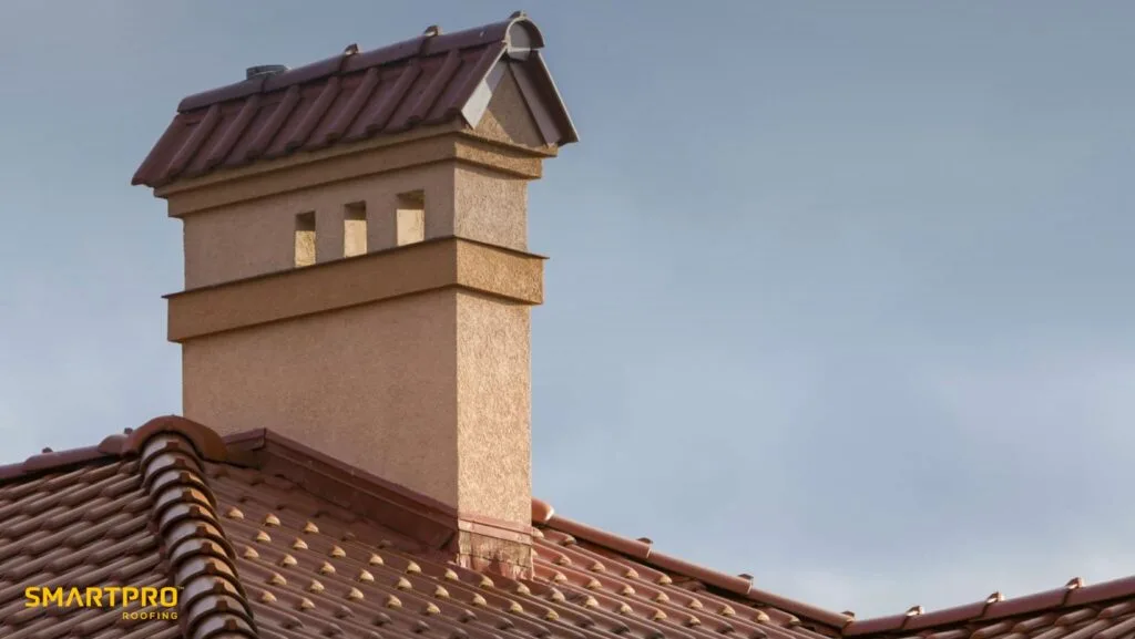 A chimney rises from the roof of a house