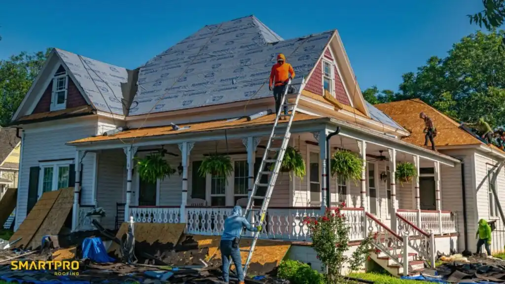 How to Finance a Roof Replacement 10 A man is repairing the roof of a house under clear blue skies.
