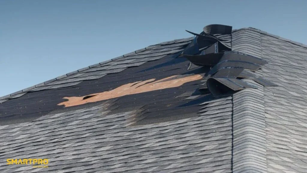 A roof with several damaged shingles