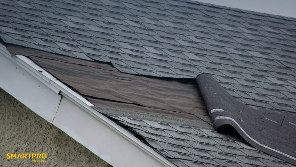 A black roof showing damaged shingles