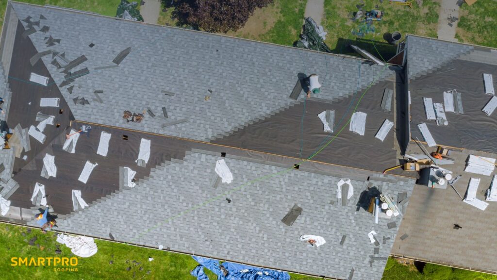 Aerial view of a roof under repair
