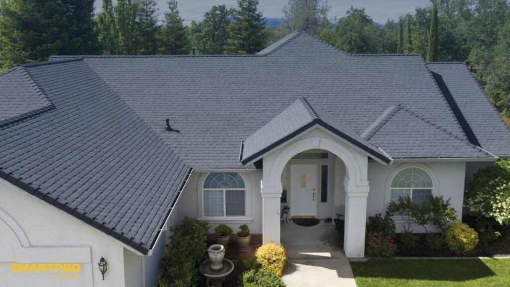 A house roof featuring gray shingles