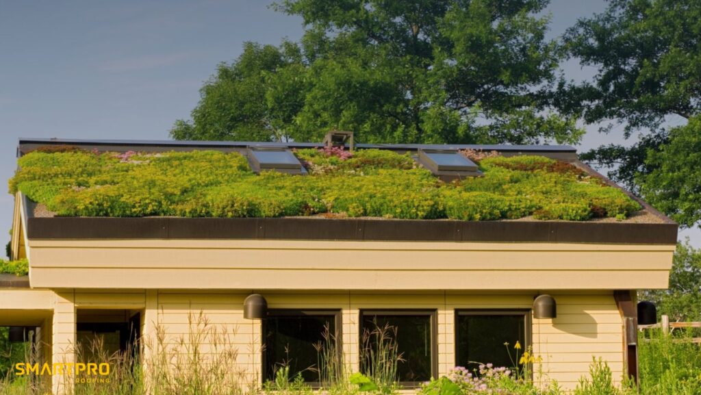 A house featuring a green roof