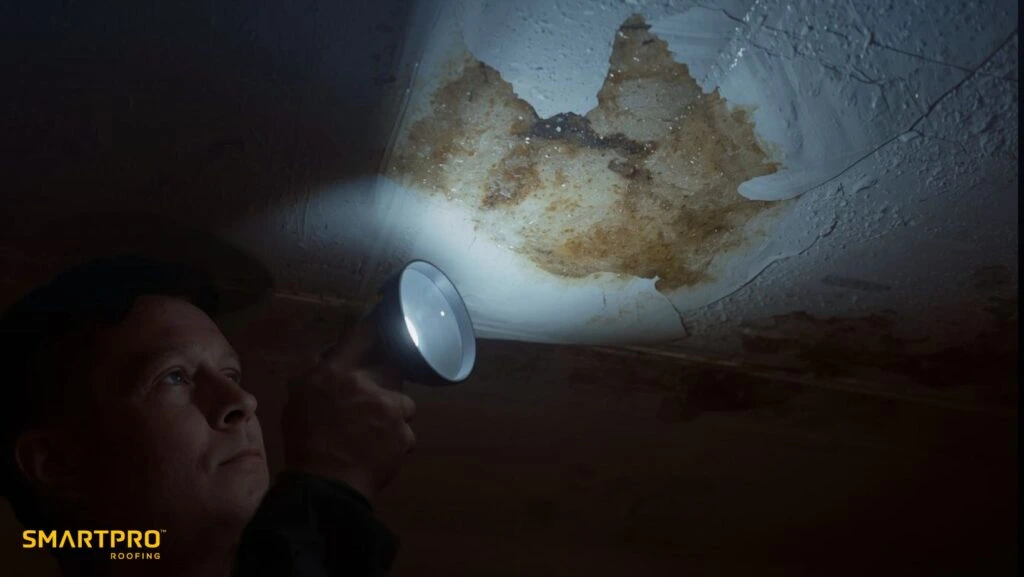 A man holds a flashlight directed at the ceiling
