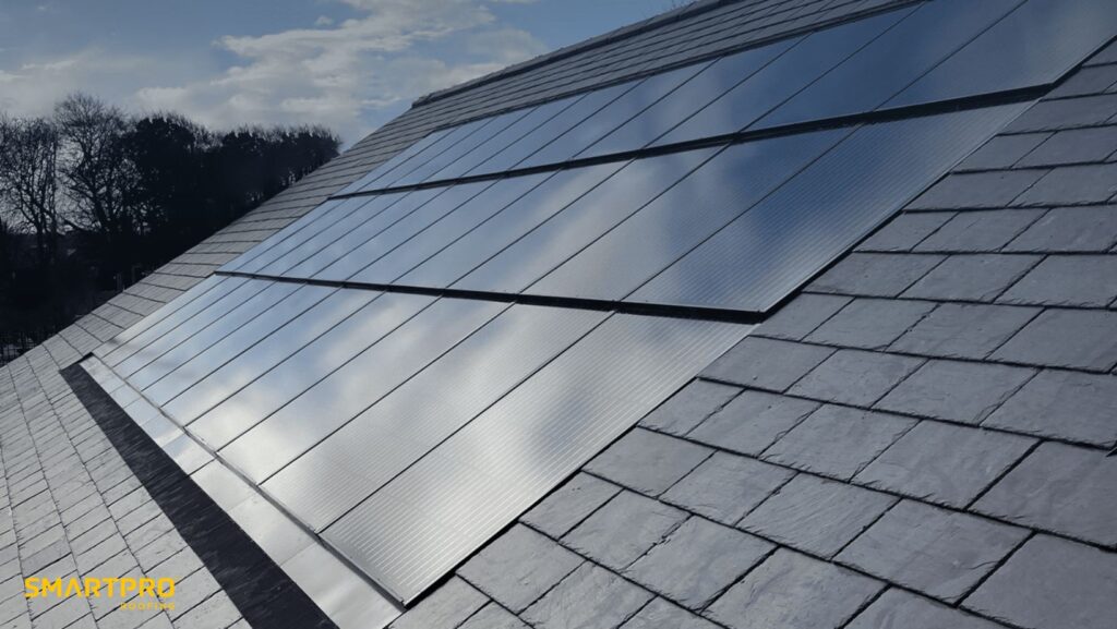 Solar panels installed on a roof under a cloudy sky