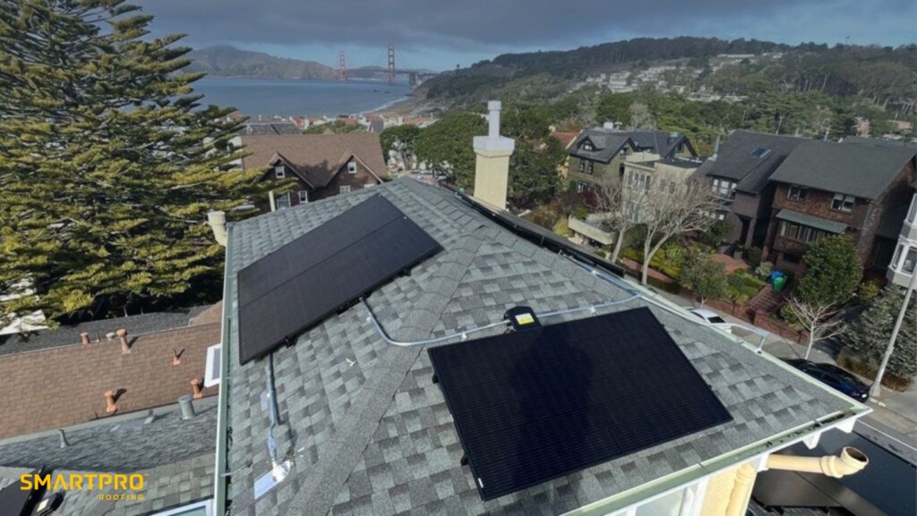 A rooftop featuring several solar panels
