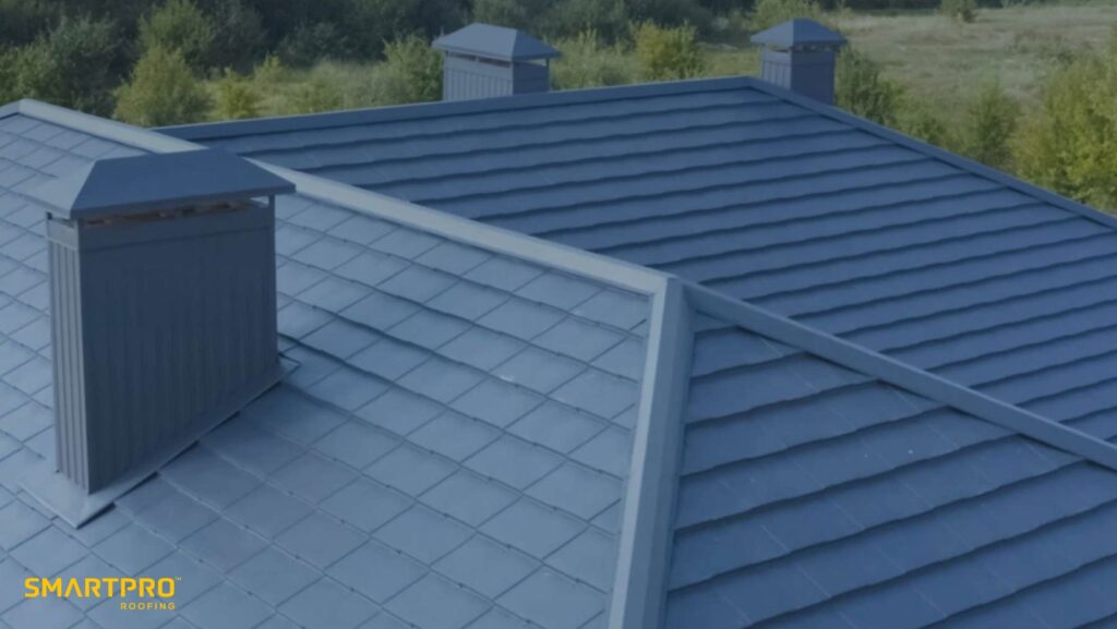 A roof covered with blue metal shingles