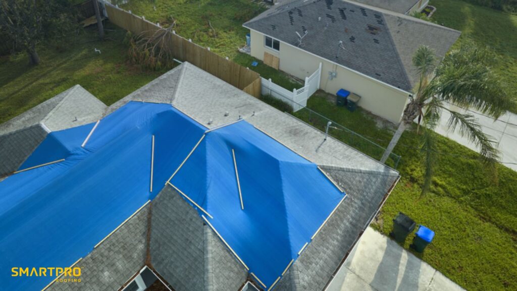 A roof covered with a blue tarp