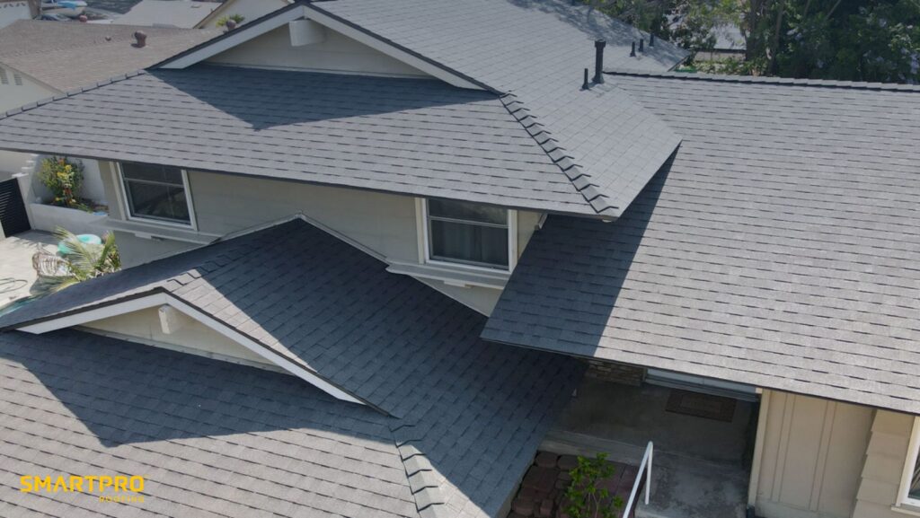 A house roof with gray shingles