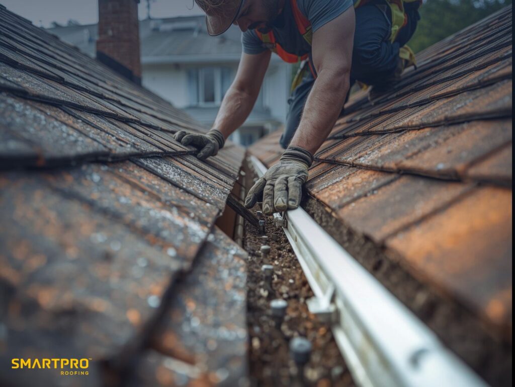 A man is climbing a ladder to work on a roof