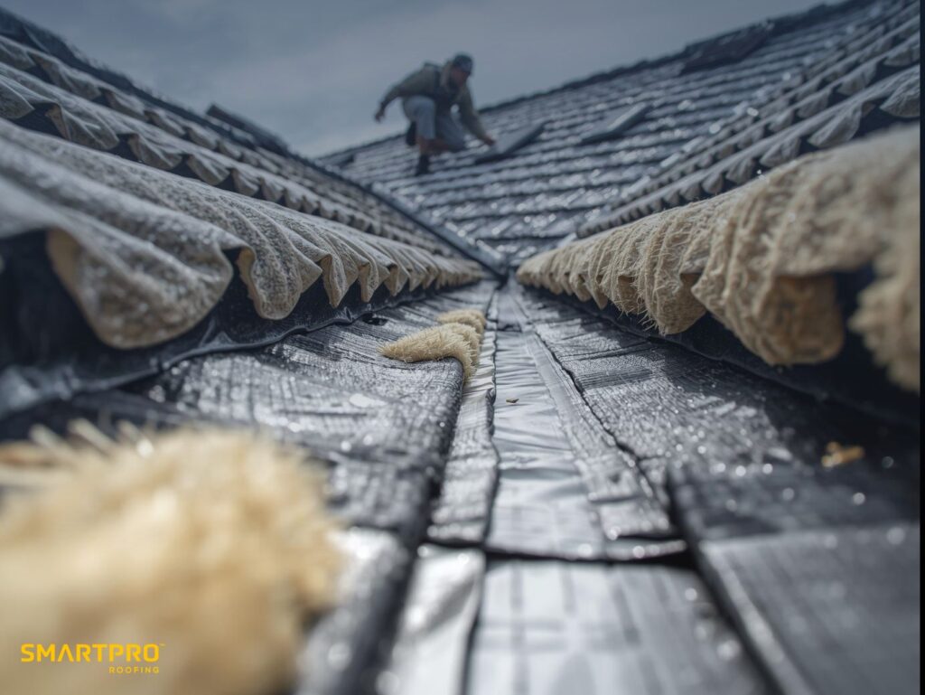 A man is climbing a ladder to work on a roof
