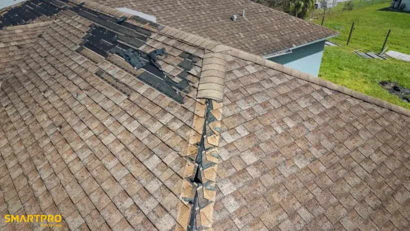 Shingle roof damaged top view