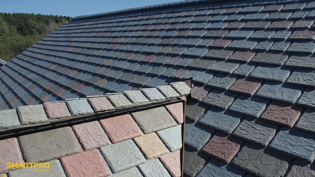 A roof adorned with a vibrant array of differently colored tiles