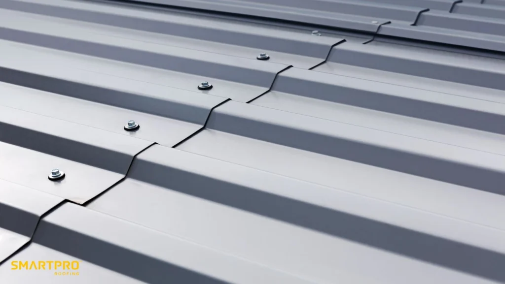Close-up of a metal roof showcasing rivets and textured surface
