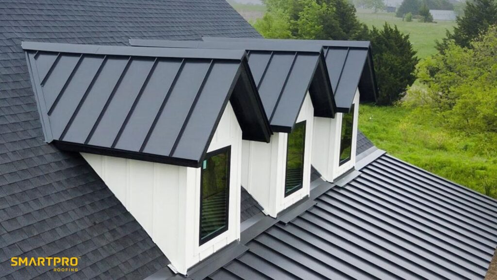 A sleek black metal roof with three windows